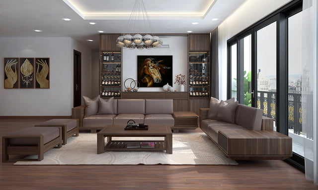 Thảm trải phòng khách bàn ghế gỗ nhập khẩu có gam màu trung tính  